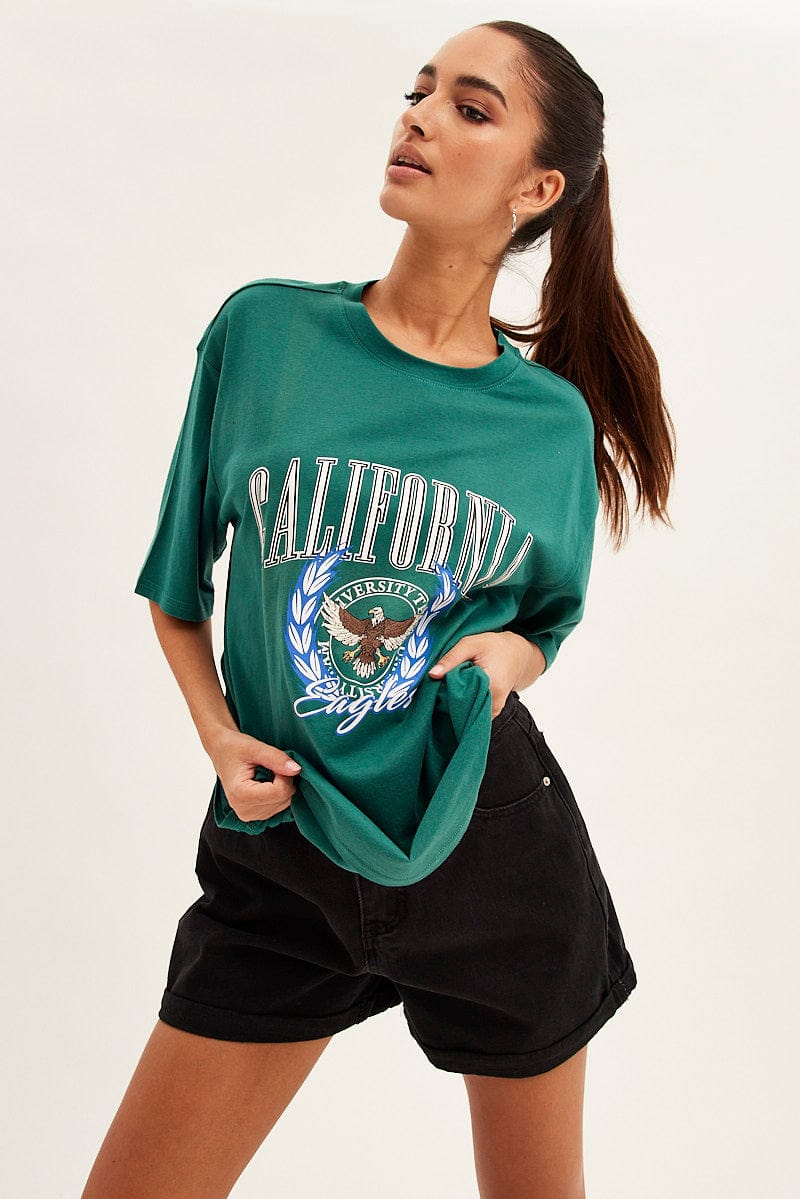 Green T Shirt Short Sleeve Crew Neck California Eagle | Ally Fashion