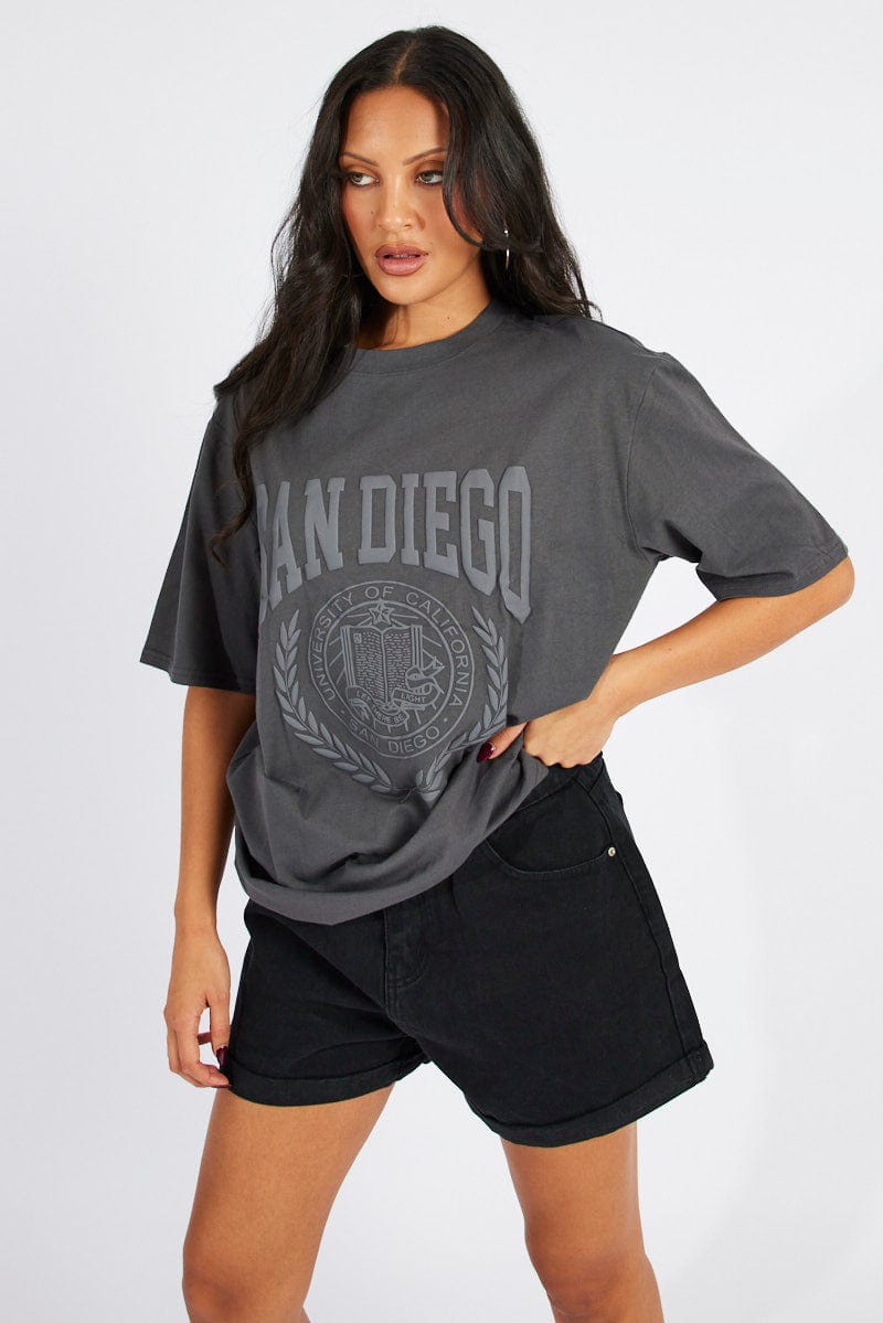 Grey Graphic Tee Short Sleeve for Ally Fashion