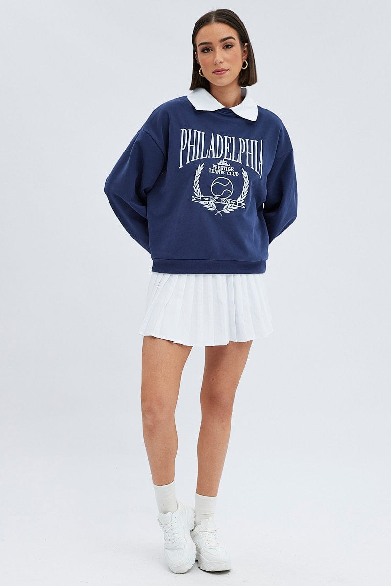 Blue Embroidered Sweater With Collar Varsity Sweat for Ally Fashion