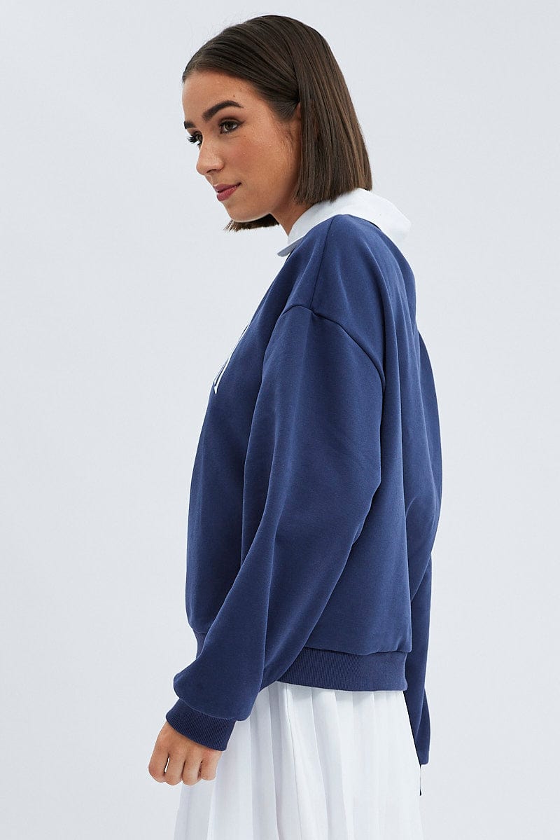 Blue Embroidered Sweater With Collar Varsity Sweat for Ally Fashion