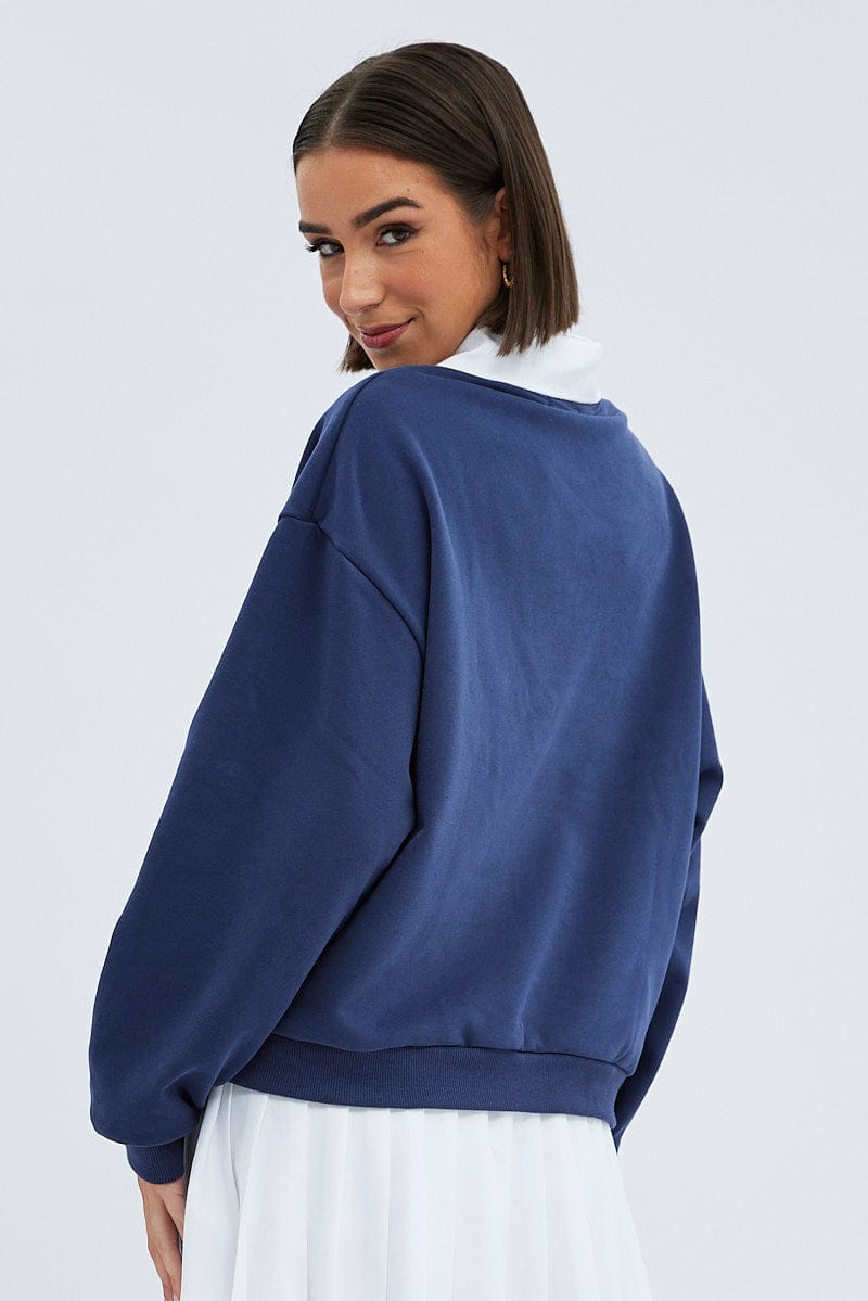 Blue Embroidered Sweater With Collar Varsity Sweat for Ally Fashion