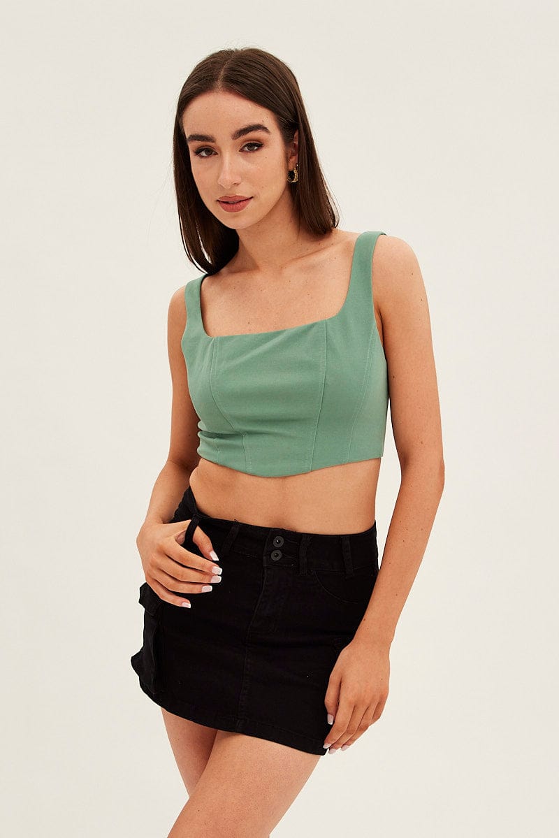 Green Corset Top Shirred Back Sleeveless Crop Jersey for Ally Fashion