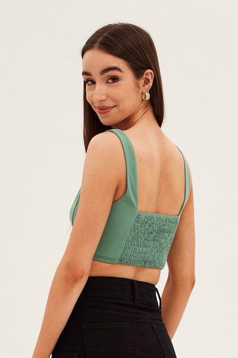 Green Corset Top Shirred Back Sleeveless Crop Jersey for Ally Fashion