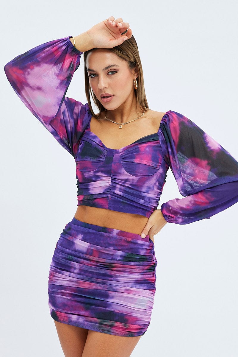 Purple Abstract Top Long Sleeve Abstract Print Mesh for Ally Fashion