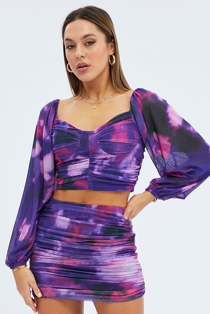 Purple Abstract Top Long Sleeve Abstract Print Mesh for Ally Fashion