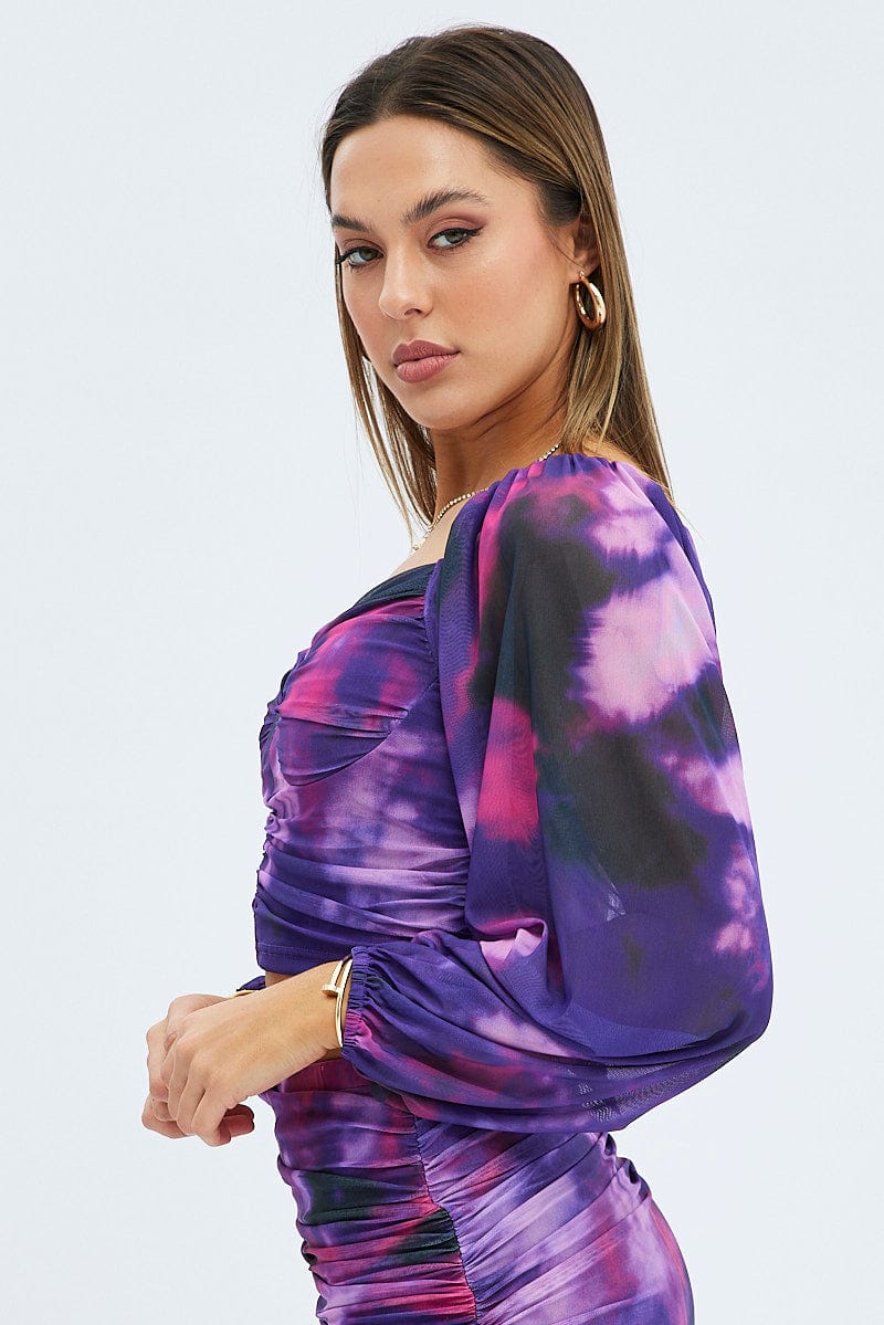 Purple Abstract Top Long Sleeve Abstract Print Mesh for Ally Fashion