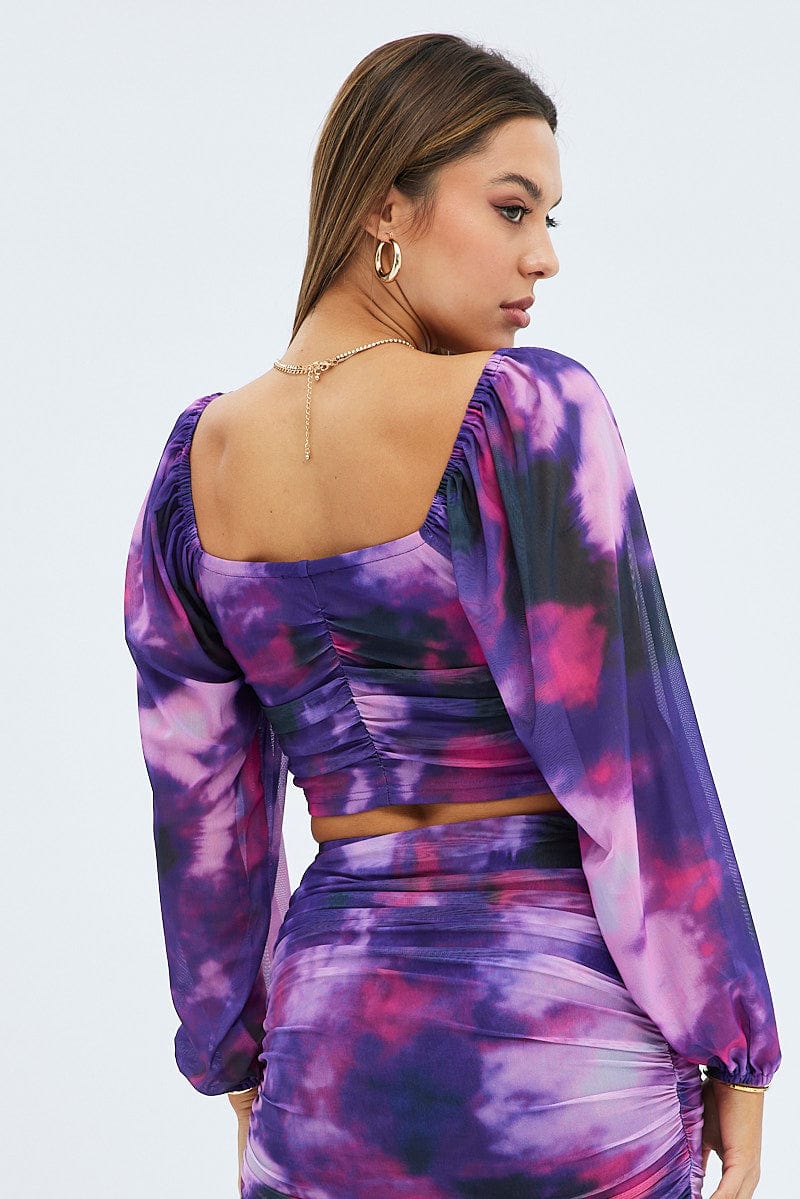 Purple Abstract Top Long Sleeve Abstract Print Mesh for Ally Fashion