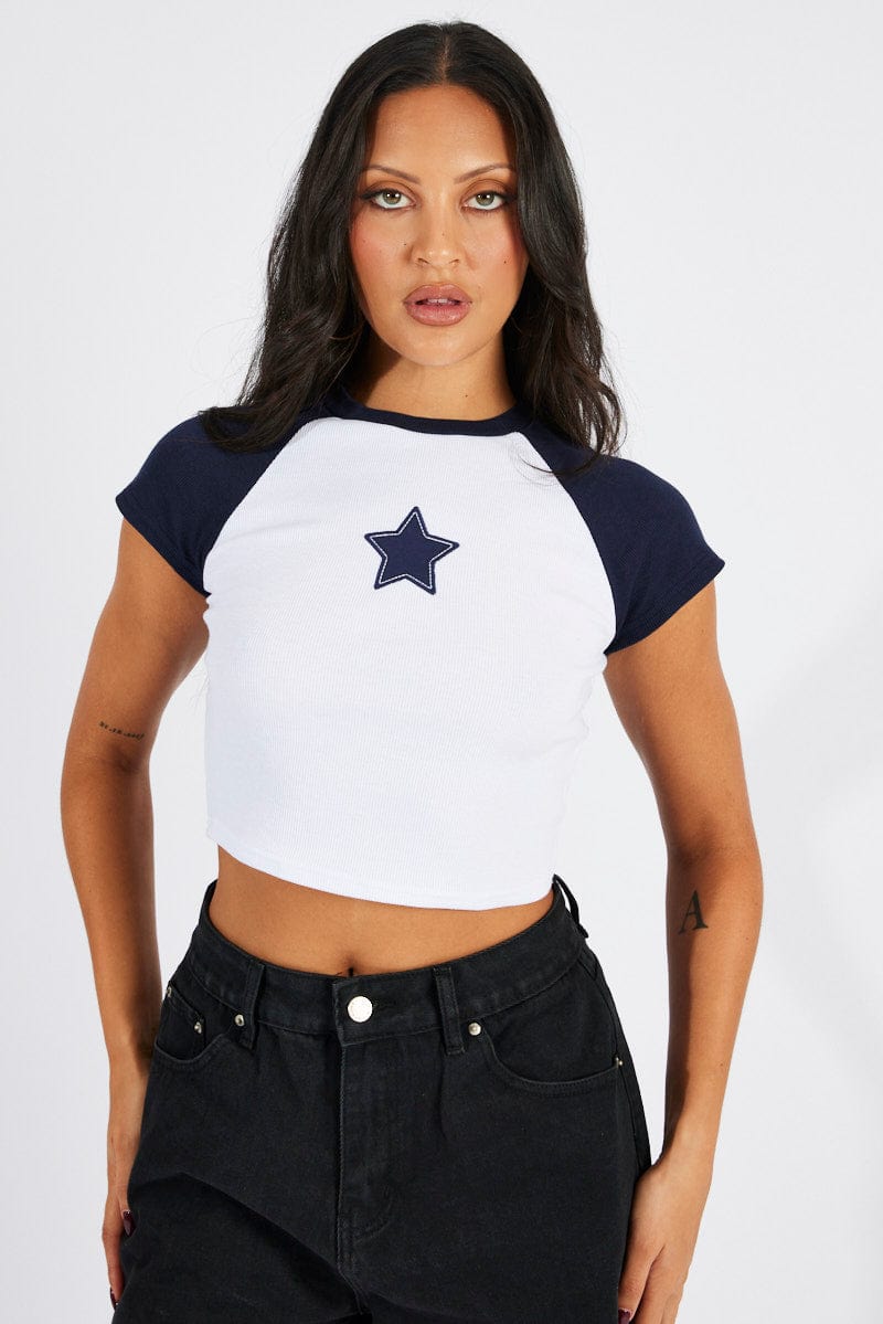 Blue Crop Top Short Sleeve Raglan for Ally Fashion