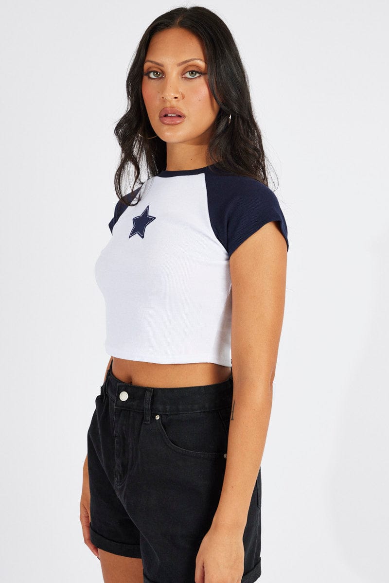 Blue Crop Top Short Sleeve Raglan for Ally Fashion