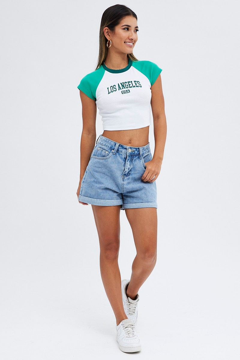 Green Tee Contrast Short Sleeve Round Neck Graphic for Ally Fashion