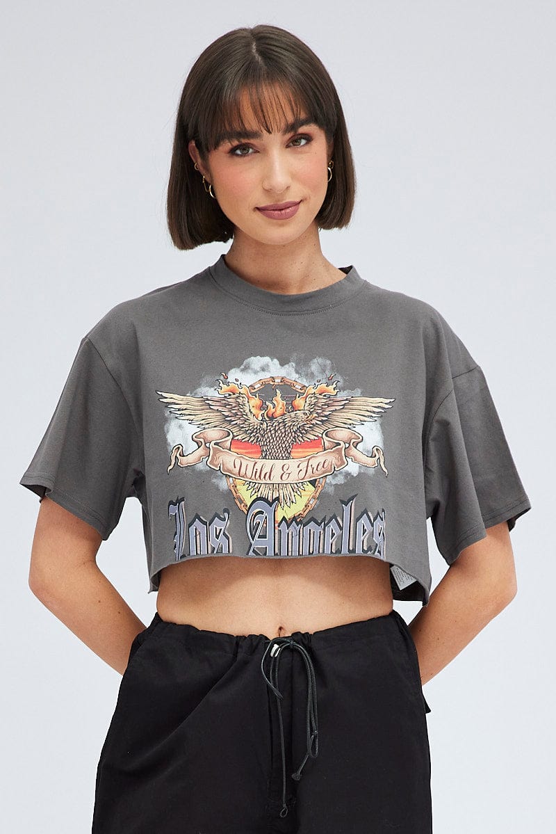 Grey Crop Tee Short Sleeve Graphic Eagle for Ally Fashion