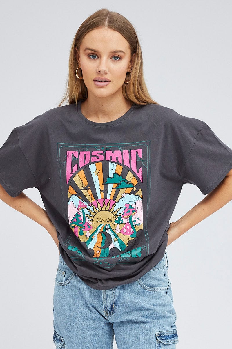 Grey Graphic Tee Festival Bright Oversized T-shirt for Ally Fashion
