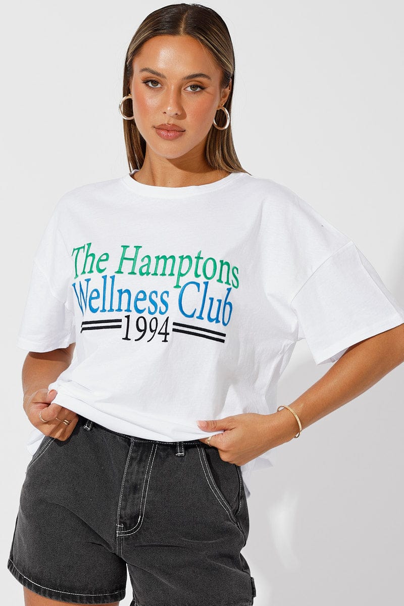 White Embroidered Tee Wellness Club Graphic T-shirt for Ally Fashion