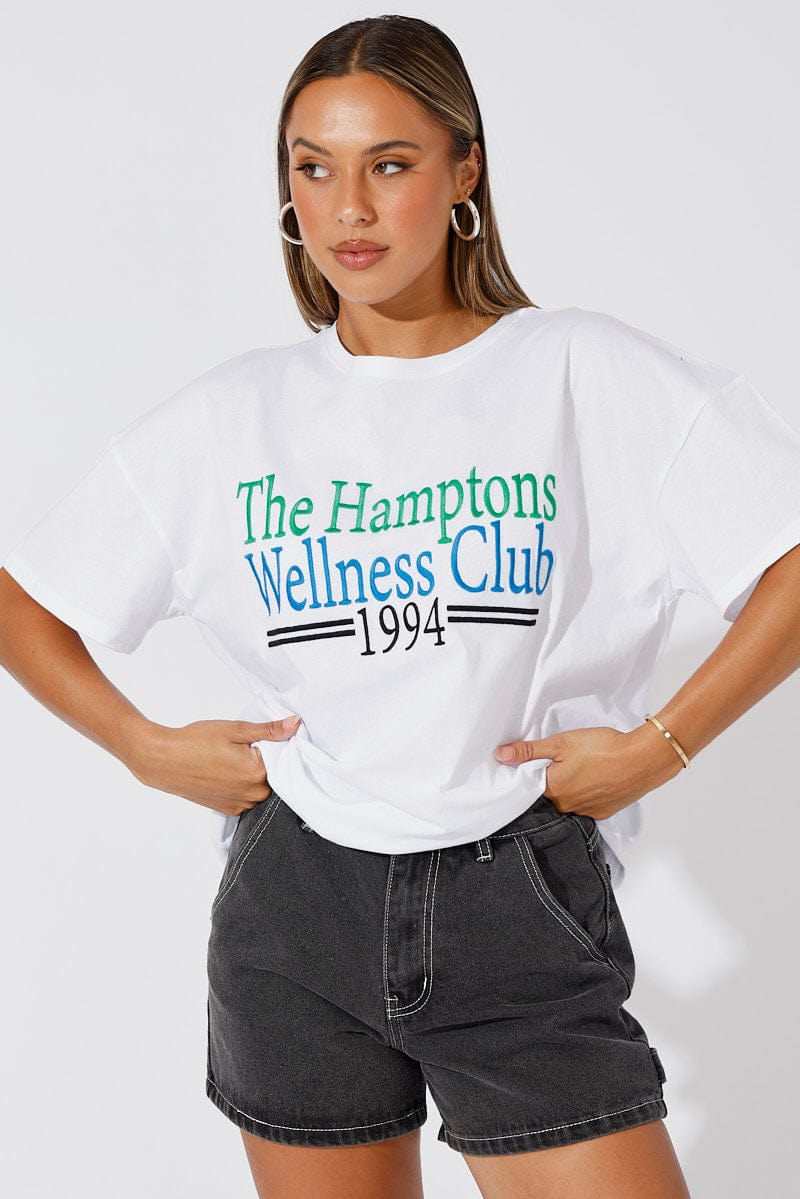 White Embroidered Tee Wellness Club Graphic T-shirt for Ally Fashion