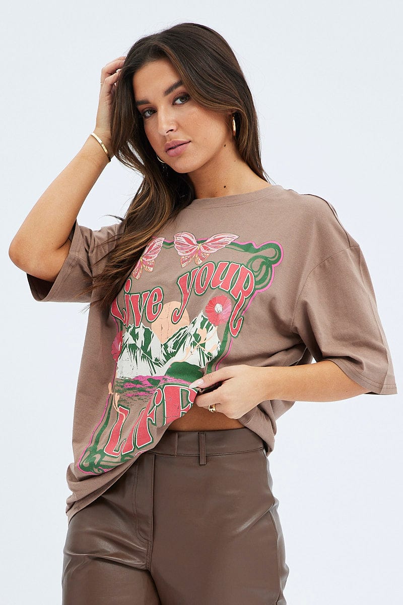 Brown Graphic Butterfly Mountains Festival Tee T-shirt for Ally Fashion