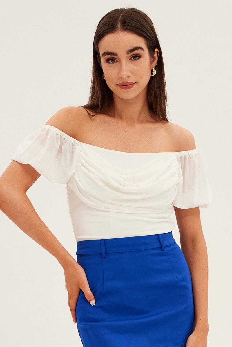 White Crop Top Short Sleeve Cowl Neck Mesh for Ally Fashion