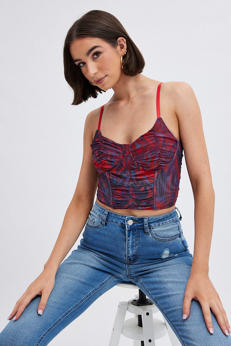 Red Abstract Short Top Sleeveless Abstract Prints for Ally Fashion