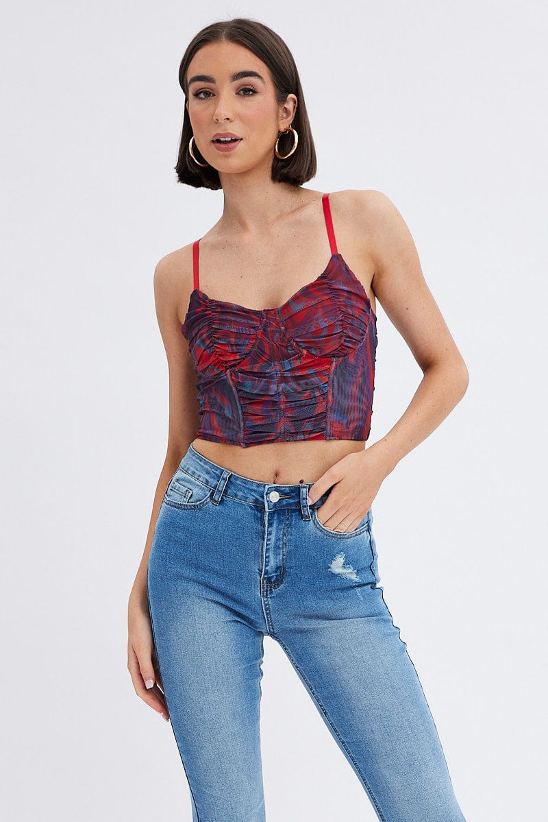 Red Abstract Short Top Sleeveless Abstract Prints for Ally Fashion