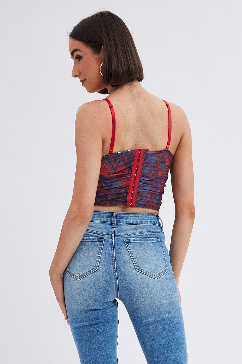 Red Abstract Short Top Sleeveless Abstract Prints for Ally Fashion