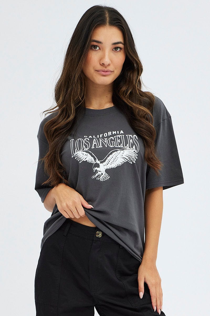 Grey Graphic T Shirt Short Sleeve for Ally Fashion