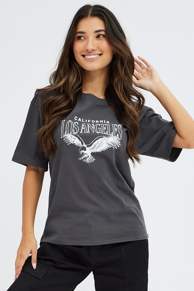 Grey Graphic T Shirt Short Sleeve for Ally Fashion