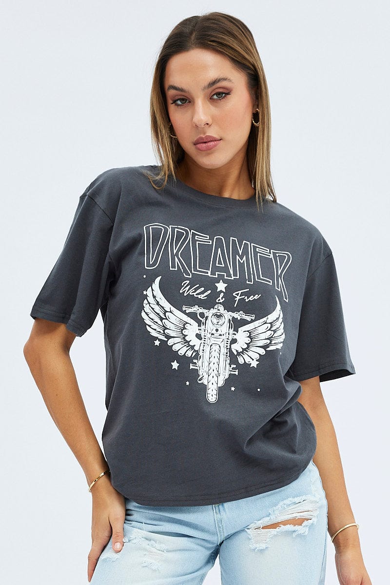 Grey Charcoal Short Sleeve Motorcycle Graphic Tee for Ally Fashion