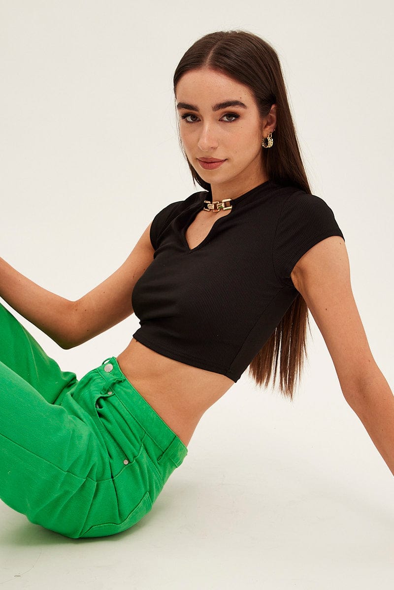 Black Crop Top Short Sleeve Notched Neck Chain Detail | Ally Fashion