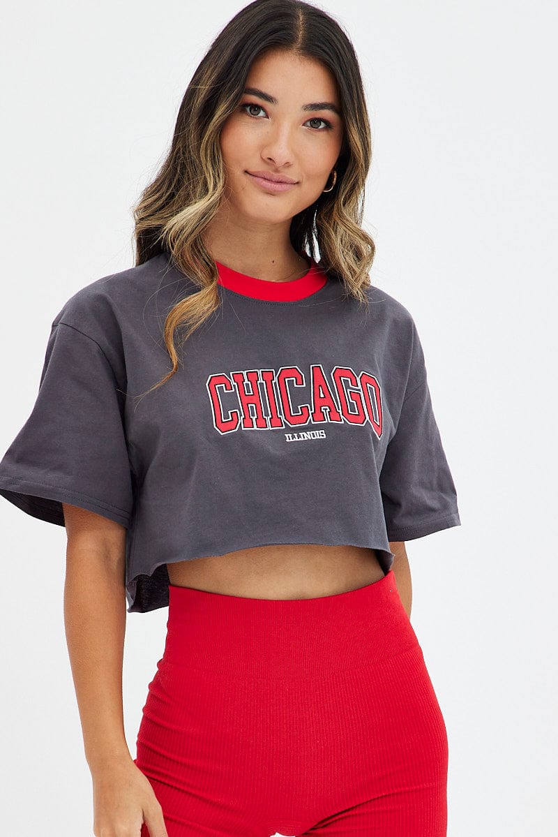 Grey Crop T Shirt Short Sleeve Crew Neck Chicago Cotton for Ally Fashion
