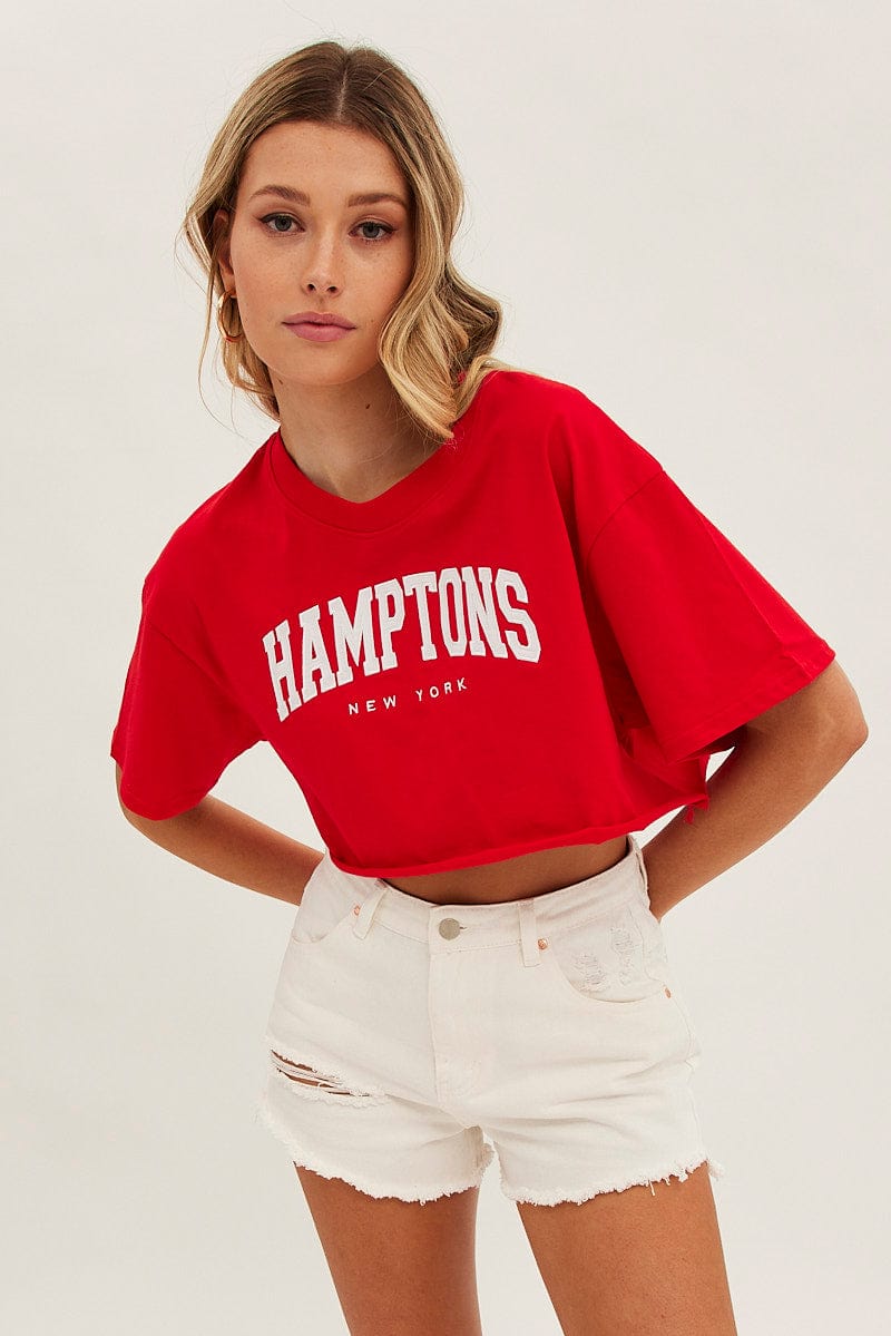 Red Crop T Shirt Short Sleeve Crew Neck Hamptons for Ally Fashion