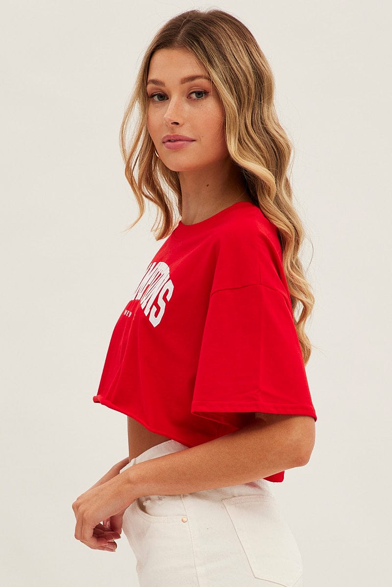 Red Crop T Shirt Short Sleeve Crew Neck Hamptons for Ally Fashion