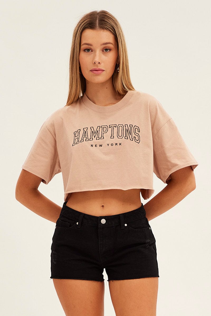 Beige Crop T Shirt Short Sleeve Crew Neck Hamptons for Ally Fashion