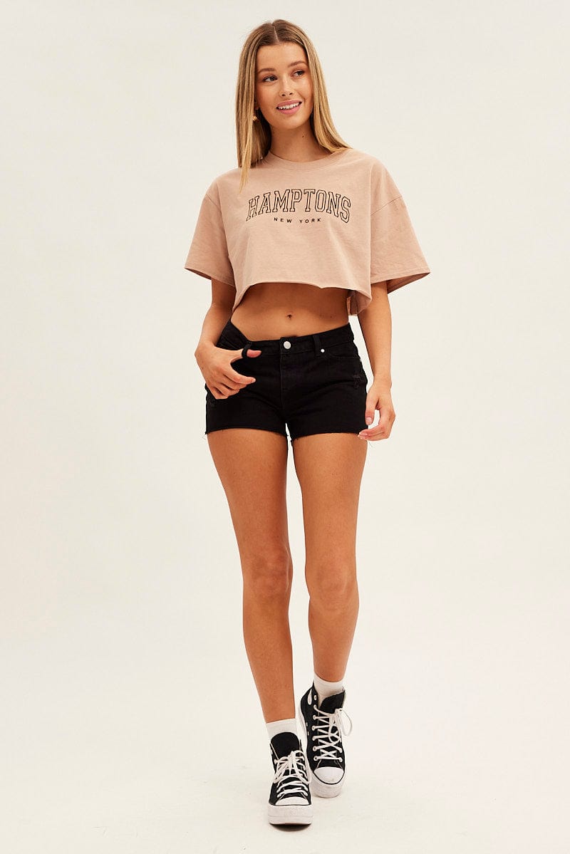 Beige Crop T Shirt Short Sleeve Crew Neck Hamptons for Ally Fashion