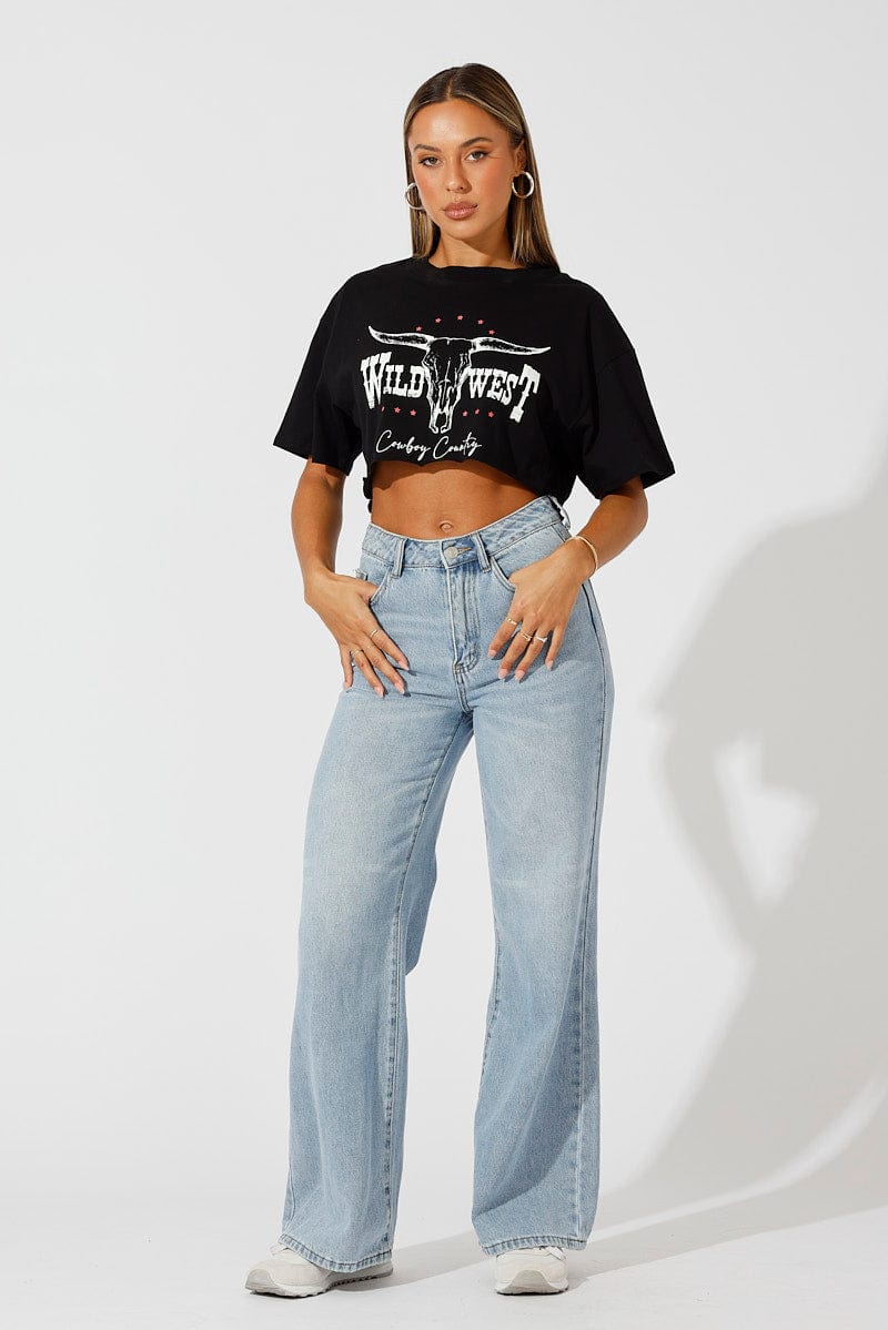 Black Graphic Tee Short Sleeve Crop for Ally Fashion