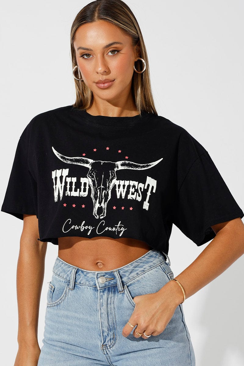 Black Graphic Tee Short Sleeve Crop for Ally Fashion