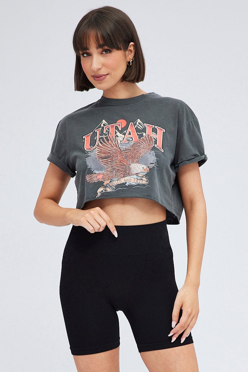 Grey Crop Tee Short Sleeve Graphic Print for Ally Fashion