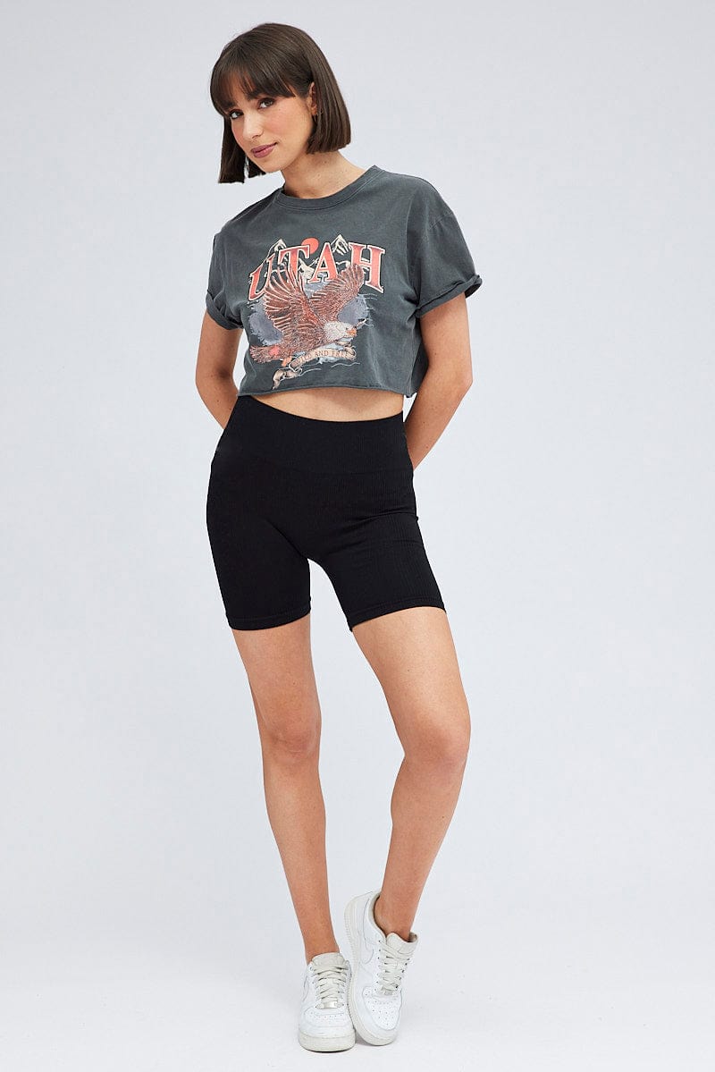 Grey Crop Tee Short Sleeve Graphic Print for Ally Fashion