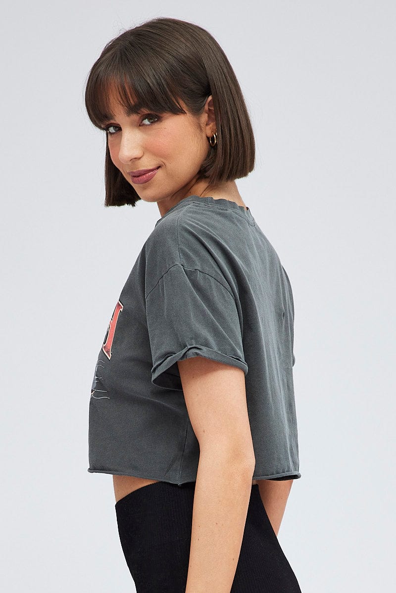 Grey Crop Tee Short Sleeve Graphic Print for Ally Fashion