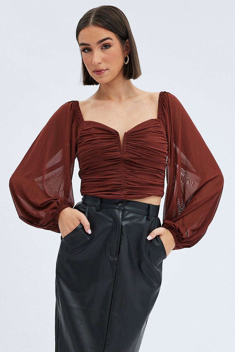 Brown Top Crop Long Sleeve Ruched Mesh for Ally Fashion