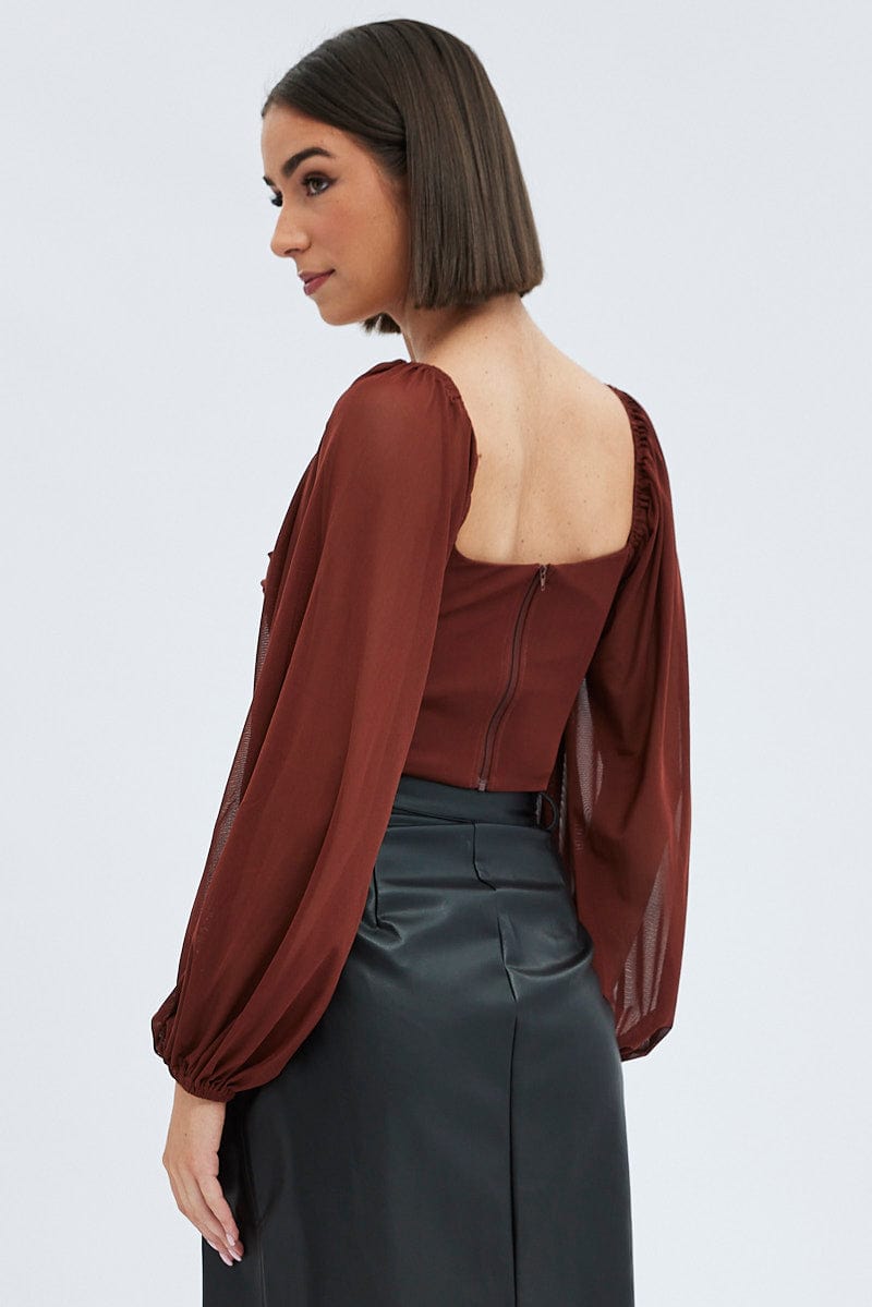 Brown Top Crop Long Sleeve Ruched Mesh for Ally Fashion