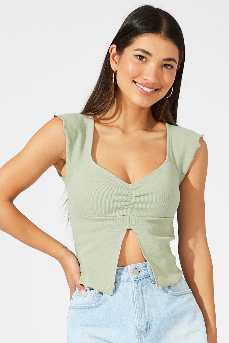 Green Top Split Front Short Sleeve for Ally Fashion