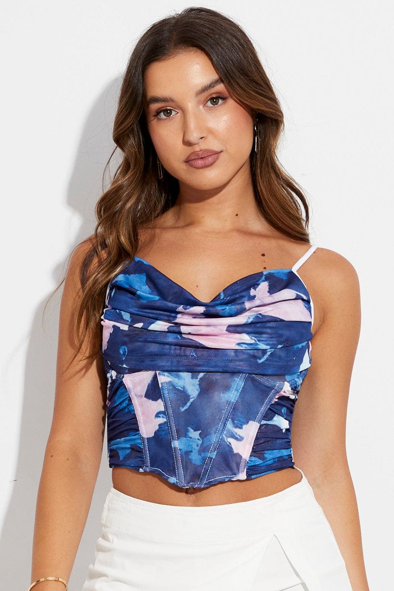 Blue Abstract Corset Top Sleeveless Cowl Neck Crop Mesh for Ally Fashion
