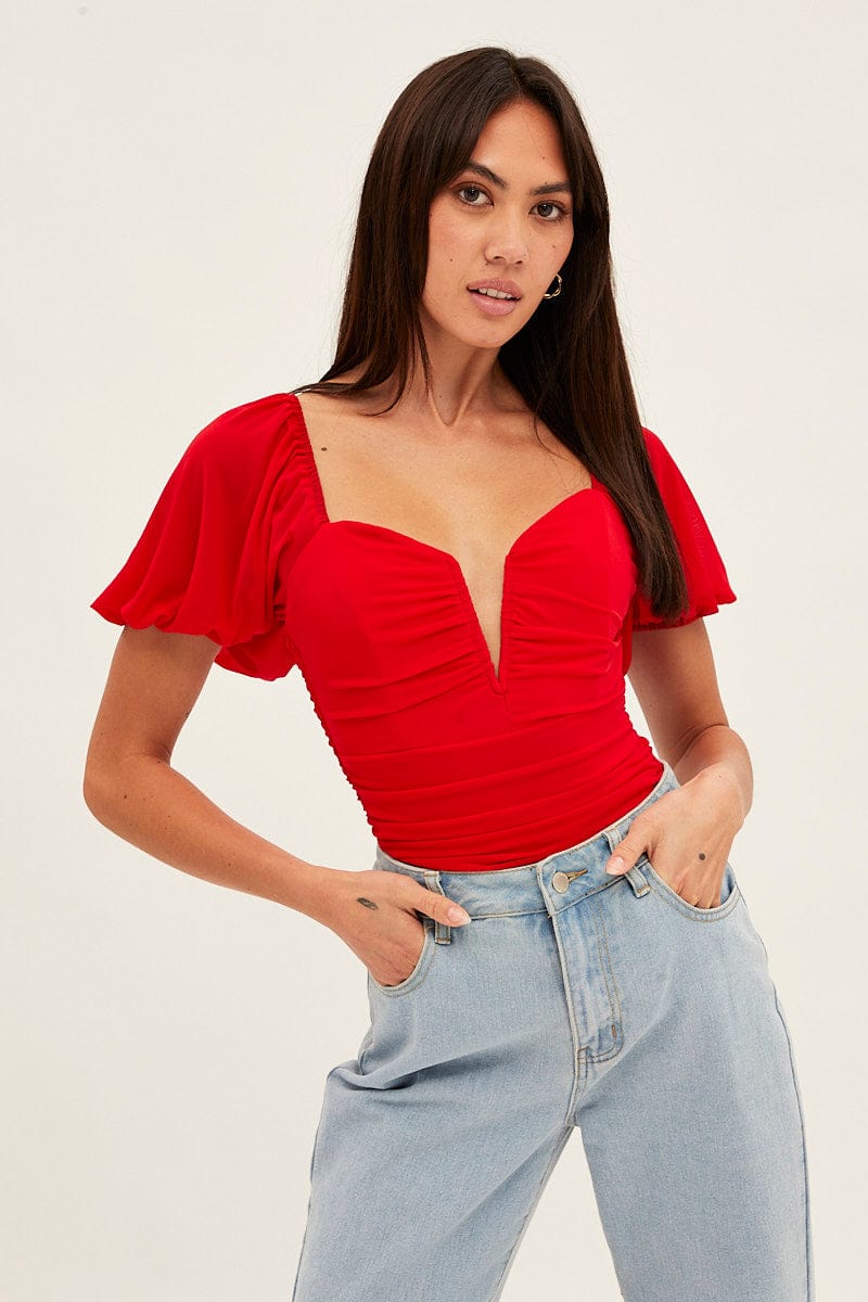 Red Bodysuit Short Sleeve V Notched Front Mesh Jersey for Ally Fashion