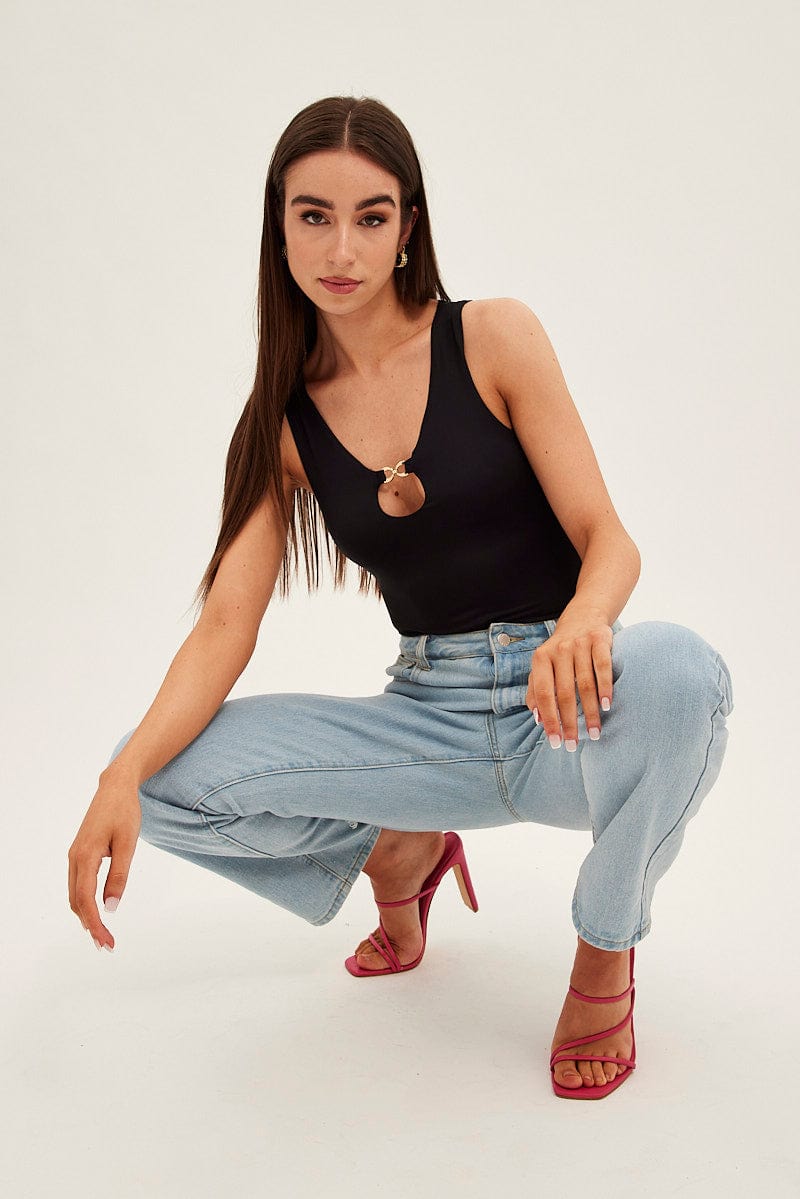 Black Bodysuit Sleeveless Notched Neck Chain-Link from Ally Fashion