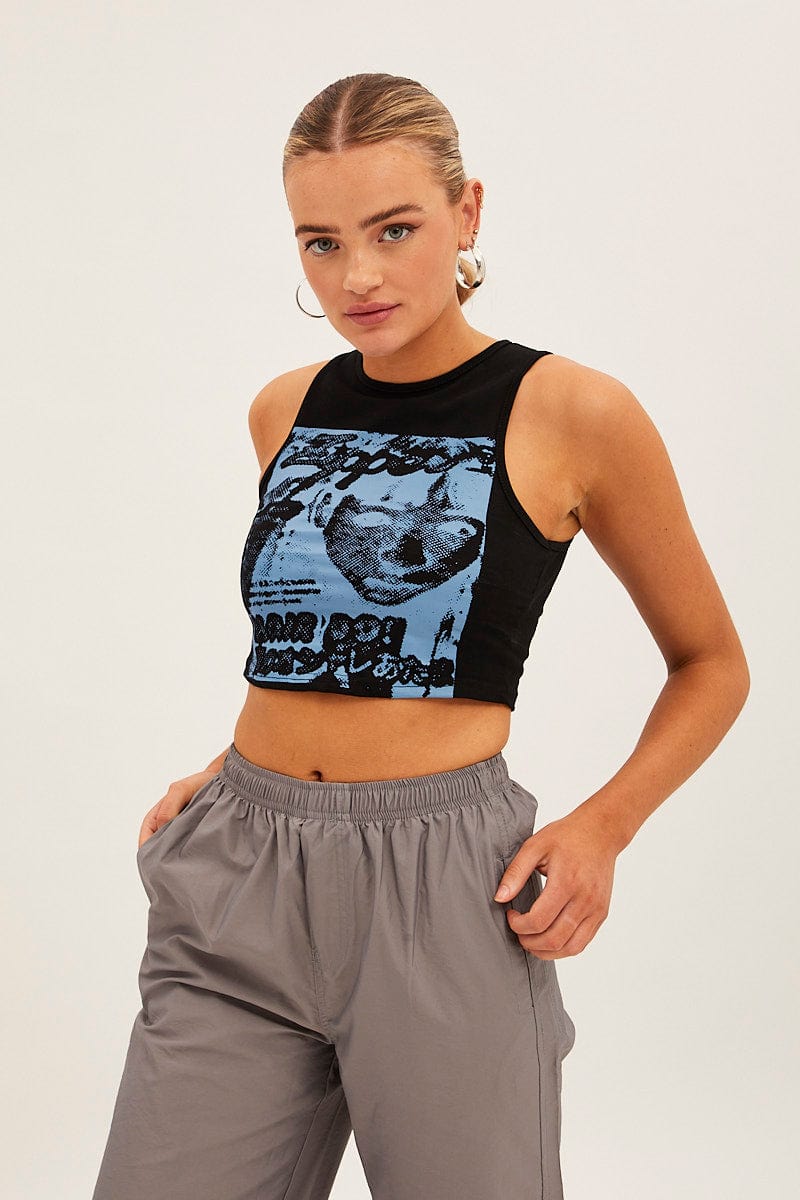Black Graphic Crop Tank for Ally Fashion