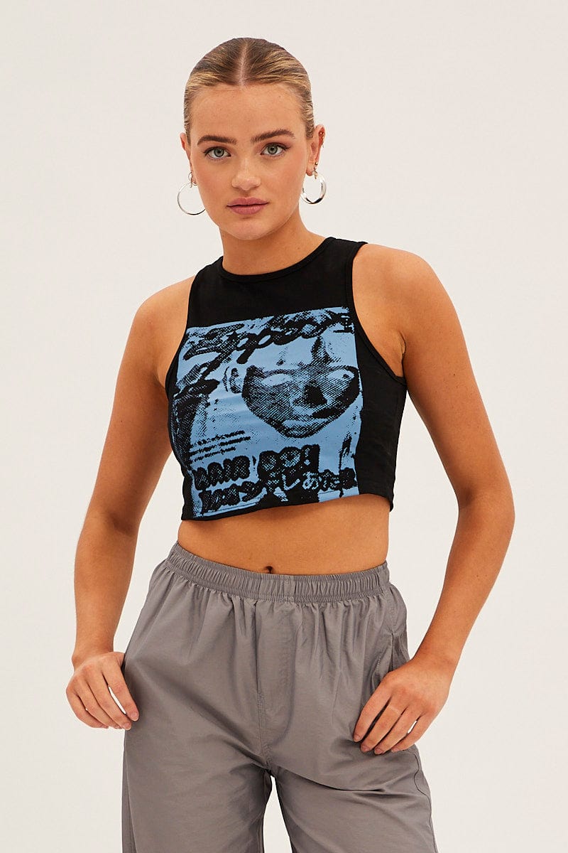 Black Graphic Crop Tank for Ally Fashion