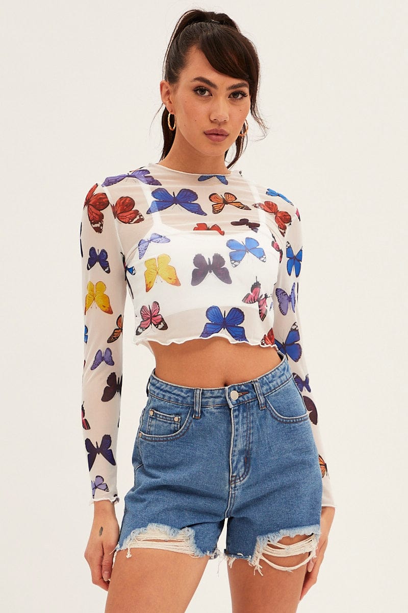 White Mesh Long Sleeve Crop Top