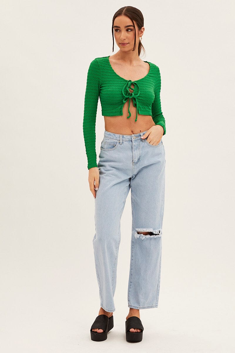 Green Textured Top Front Tie for Ally Fashion