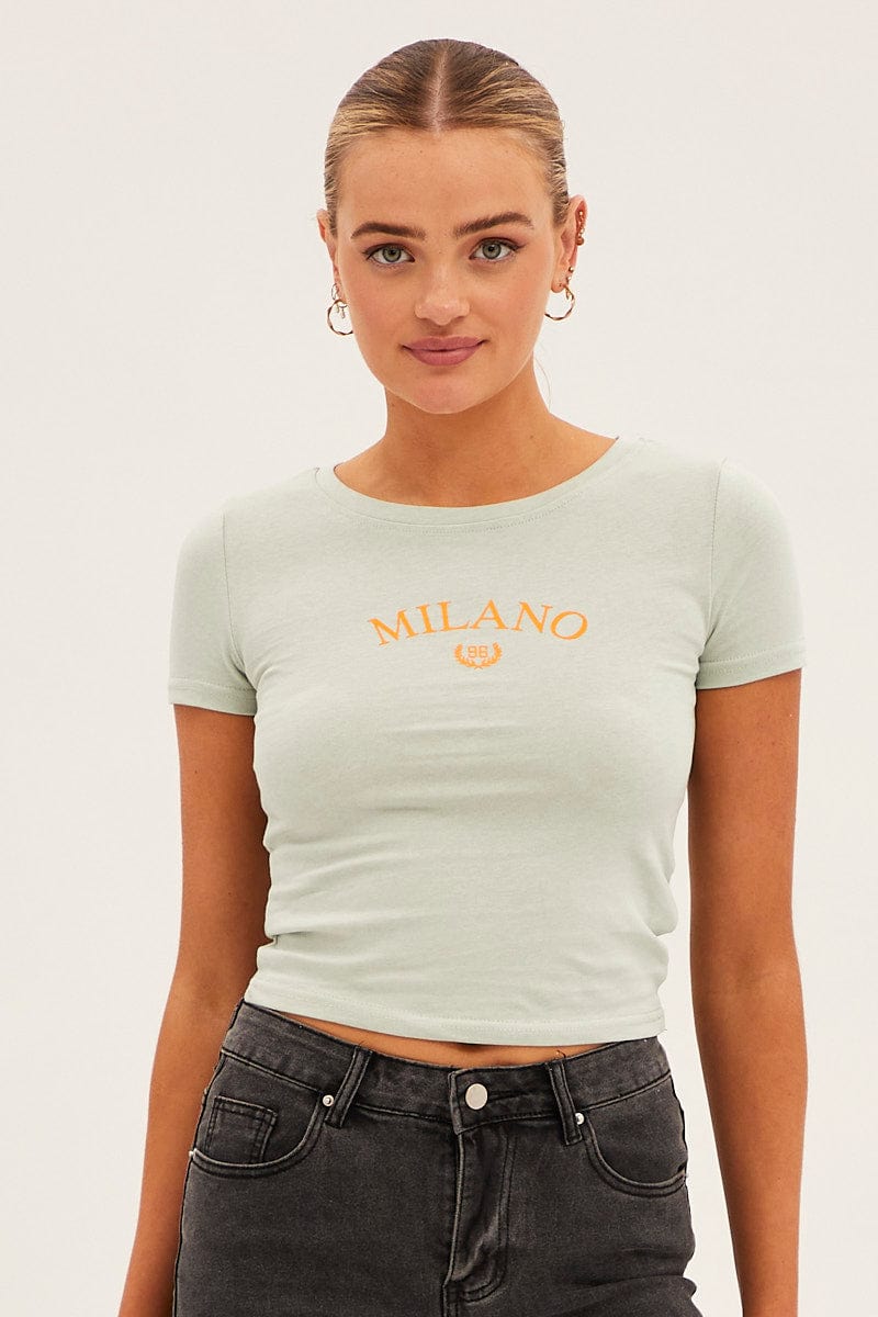 Green Jersey Short Sleeve Graphic Crop Tee for Ally Fashion