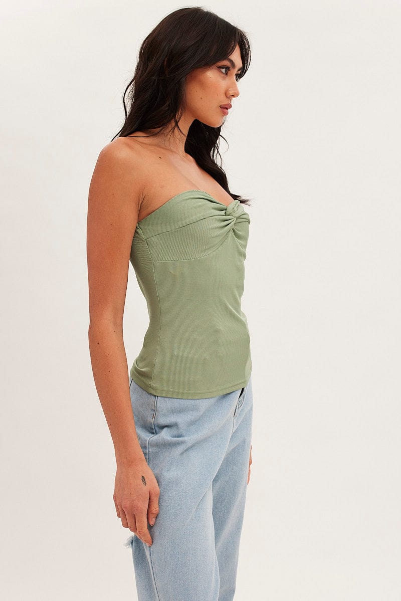 Green Twist Front Ribbed Sleeveless Top | Ally Fashion