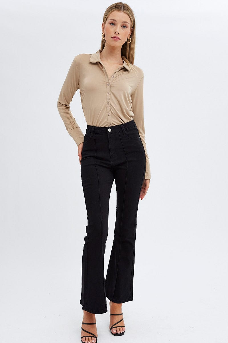 Beige Long Sleeve Shirt Collared Side Ruched | Ally Fashion